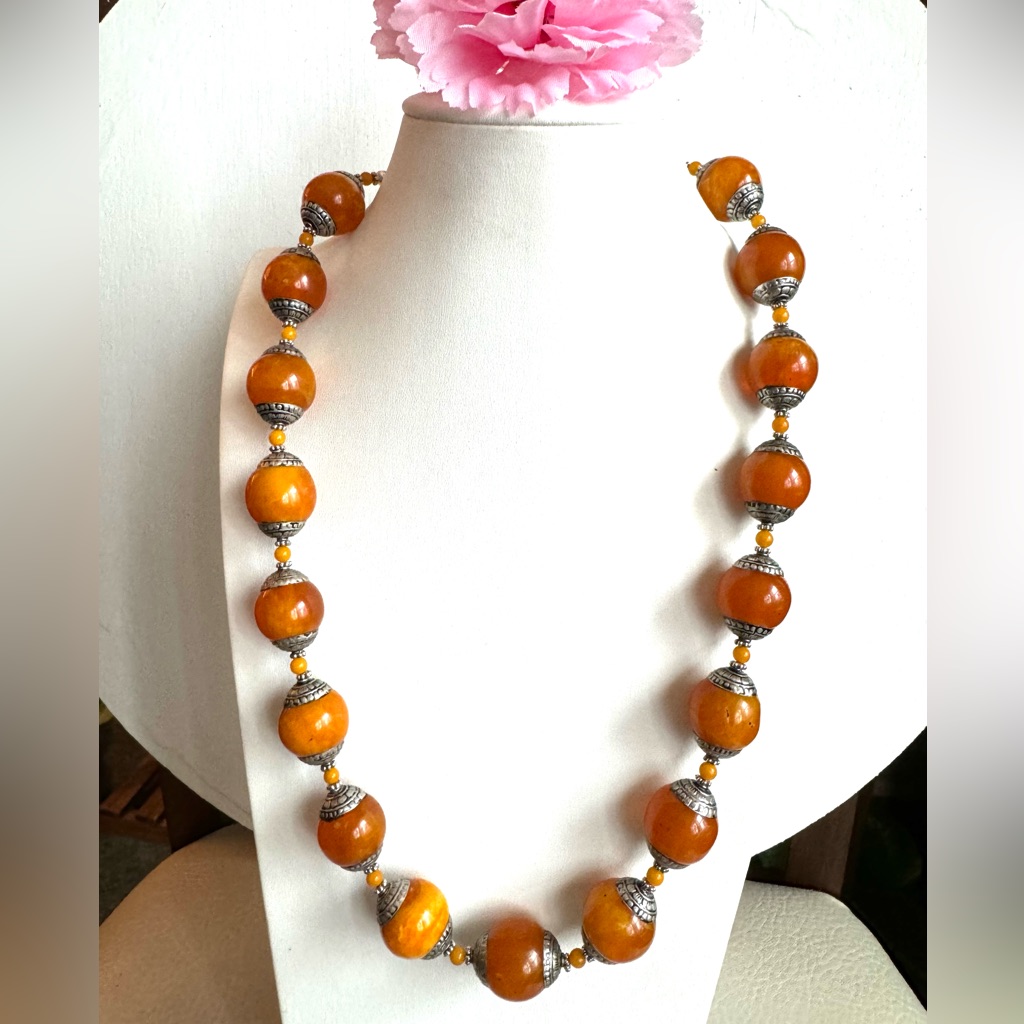 Vintage Tibetan Silver Cap Amber Resin Hand Carved And Handmade Necklace 23”Inch